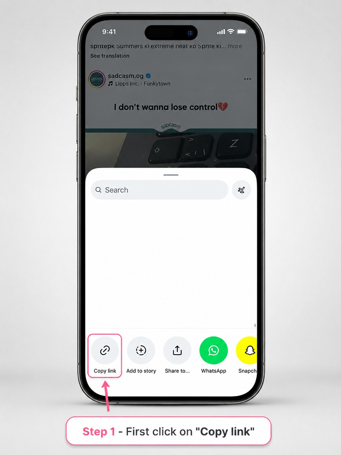 iPhone showing the Copy Link step for a public Instagram photo